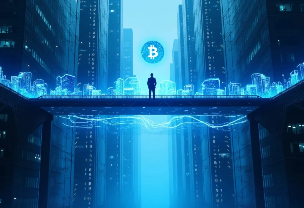 Freepik a man michaels and a massive futuristic blue bridg 30542